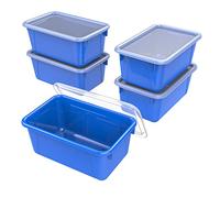 Storex Contenedores pequeños de almacenamiento de plástico para el aula con tapa sin broches, 12.2 x 7.8 x 5.1 pulgadas, azul, (62408U05C) (paquete de 5)
