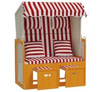 Strandkorb con cojines de polirratán y madera maciza rojo y blanco | Capota parasol, reposapiés extraíble, respaldo de 3 posiciones, cojines incluidos, tejido de poliéster