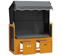 Strandkorb con techo de polirratán y madera maciza antracita | Toldo parasol, reposapiés acolchado extraíble, respaldo 3 posiciones, tejido 100% poliéster, color madera y