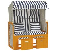 Strandkorb Polyratan Madera maciza Blanco Azul con Cojines | Toldo protector, reposapiés extensible, respaldo de 3 posiciones, cojines acolchados, tejido de resina duradero