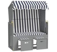 Strandkorb - Toldo de polirratán y madera maciza, color azul y blanco | Madera de abeto, tejido de poliéster, reposapiés extraíble, respaldo de 3 posiciones, requiere montaje