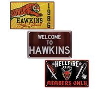 Fanattik Juego 3 letreros hojalata Stranger Things, Hawkins Town/High Tigers/Hellfire Club 280x175mm