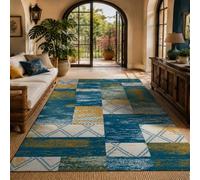 Strloepr Alfombra decorativa de interior, 120 x 120 cm, diseño geométrico azul, amarillo, gris y blanco, alfombras decorativas, mesa de café, salón, balcón, etc
