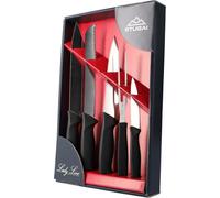 STUBAI: Juego de 5 cuchillos de medición que incluye: cuchillo de cocina puntiagudo medio de 200 mm, cuchillo para pan de 180 mm, cuchillo de cocina puntiagudo medio de 160 mm, tenedor de servir recto
