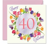 Stuff4 Bonitas tarjetas de 40 cumpleaños para mujer, ramo de tulipanes de acuarela, 145 mm