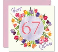 Stuff4 Bonitas tarjetas de cumpleaños 67 para mujer, ramo de tulipanes de acuarela, 145 mm