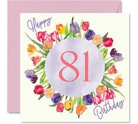 Stuff4 Bonitas tarjetas de cumpleaños 81 para mujer, ramo de tulipanes de acuarela, 145 mm