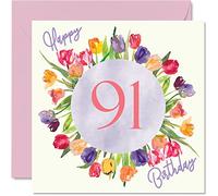 Stuff4 Bonitas tarjetas de cumpleaños 91 para mujer, ramo de tulipanes de acuarela, 145 mm