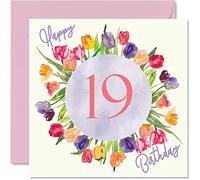 Stuff4 Bonitas tarjetas de cumpleaños para mujer de 19º cumpleaños con ramo de tulipanes de acuarela, 145 mm