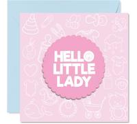 Stuff4 Divertida tarjeta para bebé con texto en inglés "Hello Little Lady Welcomes a New Girl", bonitos iconos de garabatos rosas con insignia festoneada, cuadrada de 5.7 pulgadas, sobre incluido
