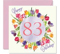 Stuff4 Hermosas tarjetas de cumpleaños número 83 para mujer, ramo de flores de tulipanes de acuarela, tarjeta de feliz cumpleaños para su abuela, niñera, abuela, abuela, abuela, mamá, 145 mm, bonitas