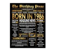 Stuff4 Póster dorado de cumpleaños número 39 sin marco, periódico dorado nacido en 1986, feliz cumpleaños 39 para hombres y mujeres, regalos retro vintage en 1986, decoración de fiesta de cumpleaños