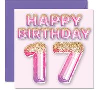 Stuff4 Tarjeta de cumpleaños número 17 para niñas, globos de purpurina rosa y morada, tarjetas de feliz cumpleaños para niñas de 17 años, hija, hermana, nieta, prima, 145 mm x 145 mm, tarjetas de