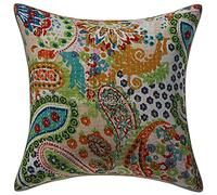 Stylo Culture Ethnico Fundas Almohadones Decorativa 40x40 cm Algodón Paisley Fundas De Cojines Sofa Beige 16x16 Inch Kantha Impreso Cuadrado sobre Cojin para La Cama - 1 Pc
