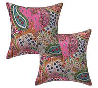 Stylo Culture Ethnico Fundas Almohadones Decorativa 40x40 cm Algodón Paisley Fundas De Cojines Sofa Rosa 16x16 Inch Kantha Impreso Cuadrado sobre Fundas para Cojines De Cama - 2 Pcs