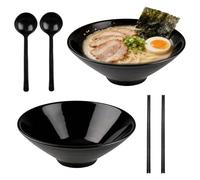 suaywo 2 Juegos Cuenco Ramen Bol Ramen Negro 1000 ml Tazón de Ramen Japonés con Palillos y Cuchara Bol Ramen Negro para Servir Sopa, Ensalada, Pasta, Fideos