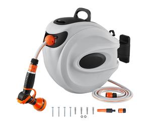 SucceBuy Carrete de manguera retráctil 1/2 pulgada 180 ° Carrete de manguera de agua de jardín montado en la pared con soporte giratorio con boquilla de 9 patrones y 3 rápidos 20m
