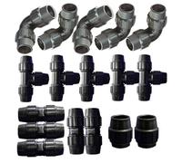 Suinga - Pack RIEGO TUBO 20MM: 5 te + 5 codo + 5 enlace + 2 tapón. Color negro Fitting de Polietileno para tuberia agricola y alimentaria