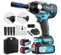 sukaudiz Pistola de Impacto a Batería 1000 Nm, Atornillador de Impacto de 2 Baterías de 4000 Mah, Motor Brushless, 4 Brocas, 4 Puntas de Destornillador para Coches, Camiones y Uso Doméstico.