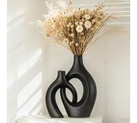 SUKIYPO Juego de 2 jarrones Huecos de cerámica, florero Decorativo Interior Beige Moderno para decoración nórdica, floreros Redondos Bohemios estéticos para el hogar, Granja, Mesa de café (XL Negro)