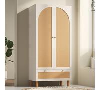 SUKY Armario con 2 puertas y rata, 180 x 85 x 52 cm, estilo rústico, color blanco, con cajón grande, estantes ajustables en altura y barra para colgar ropa, incluye protección antivuelco