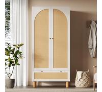 SUKY Armario con 2 puertas y ratán, estilo rústico, color blanco, con cajón grande, estantes ajustables en altura y barra para colgar ropa, incluye protección antivuelco, 180 x 85 x 52 cm