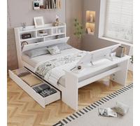 SUKY Cama individual infantil de 140 x 200 cm, cama juvenil con espacio de almacenamiento y estante para cabecero, cajón extensible, mesa plegable ajustable, montaje en cajones flexible, color madera