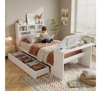 SUKY Cama individual infantil de 90 x 200 cm, cama juvenil con espacio de almacenamiento y estante para cabecero, cajón extensible, mesa plegable ajustable, montaje en cajones flexible, color madera
