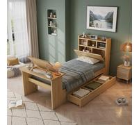 SUKY Cama individual infantil de 90 x 200 cm, cama juvenil con espacio de almacenamiento y estante para cabecero, cajón extensible, mesa plegable ajustable, montaje en cajones flexible, color madera