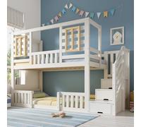 SUKY Litera de 90 x 200 cm, color blanco, estilo cabaña, con ventanas de madera y armario de escaleras, cuna con 2 superficies, somier incluido, EN 747, sin colchón
