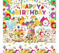 Suministros de fiesta de cumpleaños de frutas bailando, incluye fondo de feliz cumpleaños, platos, adornos para cupcakes, servilletas, tazas, manteles, para decoración de fiesta de primer cumpleaños