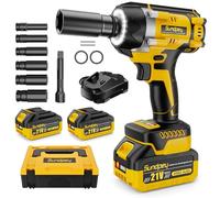 Sundpey Pistola de Impacto Bateria 700Nm, 1/2" Brushless Atornillador de Impacto con 2 Baterías de 4,0 Ah, 6 Enchufes, Anillo LED Rápido, 21V Llave de Impacto Para Cambio de Neumáticos y Bricolaje