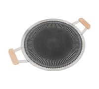 SUNGOOYUE Sartén para Barbacoa Coreana, Placa Redonda Antiadherente de Acero Inoxidable con de Madera, Distribución Uniforme del Calor, Orejas Colgantes Dobles, para Cocinar en Interiores y (34cm)