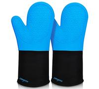 Sungwoo Guantes de horno de silicona extra largos, resistentes al calor, con forro acolchado antideslizante con agarre texturizado, perfecto para barbacoa, hornear y asar - 14.6 pulgadas, color azul