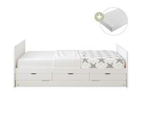 Sunny Eli Cama nido con 3 cajones, blanco | Cama doble - Colchon hibrido 90 x 200 incluido (14 cm, espuma hibrida, revestimiento de poliester) | Dimensiones totales: 206 x 97 x 75 cm