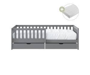 Sunny Isa Cama individual infantil, 2 cajones, gris | Barrera de seguridad - Colchon hibrido 90x200 incluido (14 cm, espuma hibrida, funda de poliester) | Dimensiones totales: 206 x 98 x 65 cm