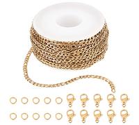 Sunnyclue Diy 10m 32.8 pies 3mm Rollo de Cadena de Oro Figaro Cadenas Collar de Cadena de Cable de Acero Inoxidable Cadenas con Anillos de Salto Cierres de Langosta para Mujeres Kits de Fabricación de