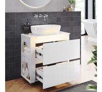 SUNXURY Mueble bajo lavabo, armario bajo el baño, armario bajo lavabo con tira de luz LED, muebles de baño sin mango, 60 x 30 x 60 cm, sin lavabo, estilo cajón, color blanco brillante