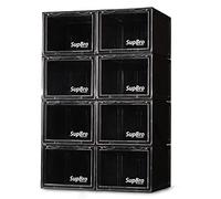 SupBro Collection Crate - Caja de almacenamiento de zapatos de fácil acceso, plegable, de plástico, apilable, con organizador transparente para puerta delantera, paquete de 8 (negro)