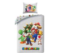 Halantex Juego de cama Super Mario reversible, funda nórdica de 140 x 200 cm y funda de almohada de poliéster con Mario, Luigi, Toad, Peach, Wario y Yoshi