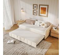 Superaly - Beige Multifunctional Sofa Bed 90 x 200 cm, Stretched as a Bunk Bed, Extendable 2-Seater Sofa with Sleep Function & Slatted Frame, Velvet Covered, Ideal for Living Room and Guest Room, with
