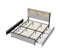 Superaly Beige Upholstered Bed with 4 Drawers, 140/160/180 x 200 cm, with Storage Space, Double Bed with LED and USB, Bed Frame with Headboard and Slatted Frame, Velvet 180 x 200