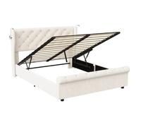 Superaly Beige Velvet Upholstered Bed Frame 140 x 200 160 x 200 with Wingback Tufted Headboard, Hydraulic Storage Bed with Built-in Reading Lights for Bedroom White 140 x 190