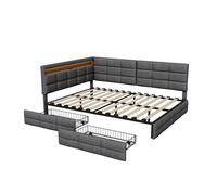 Superaly Cama individual de 90x200 140x190 140x200 cm con cabecero en forma de L, cama acolchada con luces LED RGB, USB y toma de carga, 2 cajones extraíbles, cama juvenil, sofá cama, lino, gris Gray