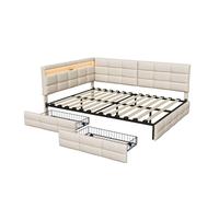 Superaly Cama individual de 90x200 140x190 140x200 cm con cabecero en forma de L, cama acolchada con luces LED RGB, USB y toma de carga, 2 cajones extraíbles, cama juvenil, sofá cama, lino, gris Beige