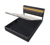 Superaly - Cama tapizada 140 x 200 cm con caja de almacenamiento, cama doble con iluminación LED y USB, cama hidráulica con almacenamiento en cabecero, estructura de cama juvenil, cama funcional con s