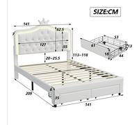 Superaly - Cama tapizada blanca de 140 x 200 cm con luces y cajones, lujosa cama individual LED, cabecero acolchado en forma de corona, estructura de cama para niños y niñas, PU, colchón no incluido W