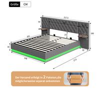 Superaly - Cama tapizada gris 140x200cm con espacio de almacenamiento, Cama hidráulica con luz LED, Cabecero grande con estantes de madera (25kg), Carga inductiva (Inalámbrica, USB, Tipo-C), Ropa de c