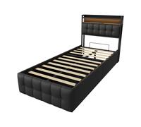 Superaly - Cama tapizada negra 90 x 200 cm con caja de cama, cama doble con iluminación LED y USB, cama hidráulica con almacenamiento y cabecero, estructura de cama juvenil, cama funcional con somier