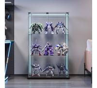 Superaly Glass Display Cabinet in Black, Modern Display Case with LED Light Strip, 2 Doors and Lock, Wood and Tempered Glass, for Collectibles, Books, Wine, for Office, Living Room, Kitchen, Without W